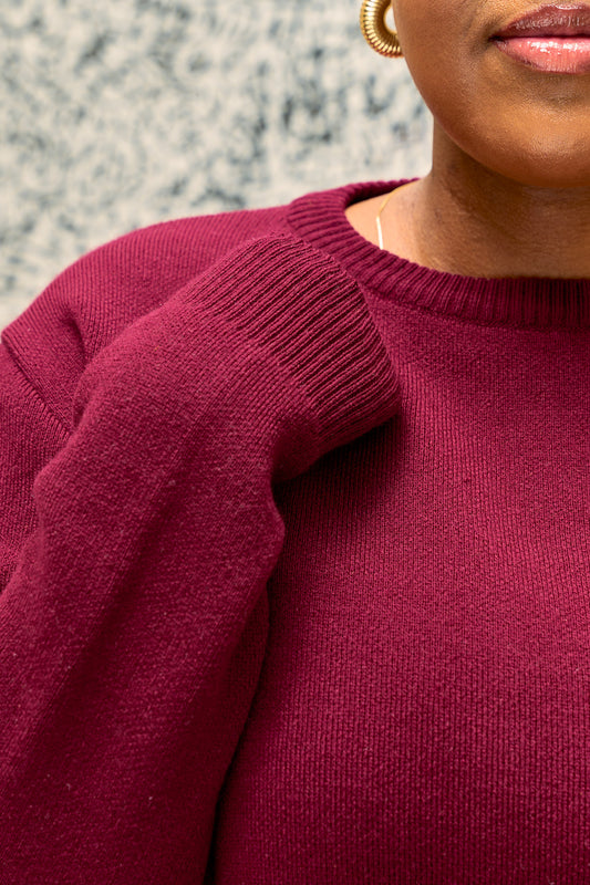 Close-up of a woman wearing a burgundy shani crew neck sweater with a blurred background