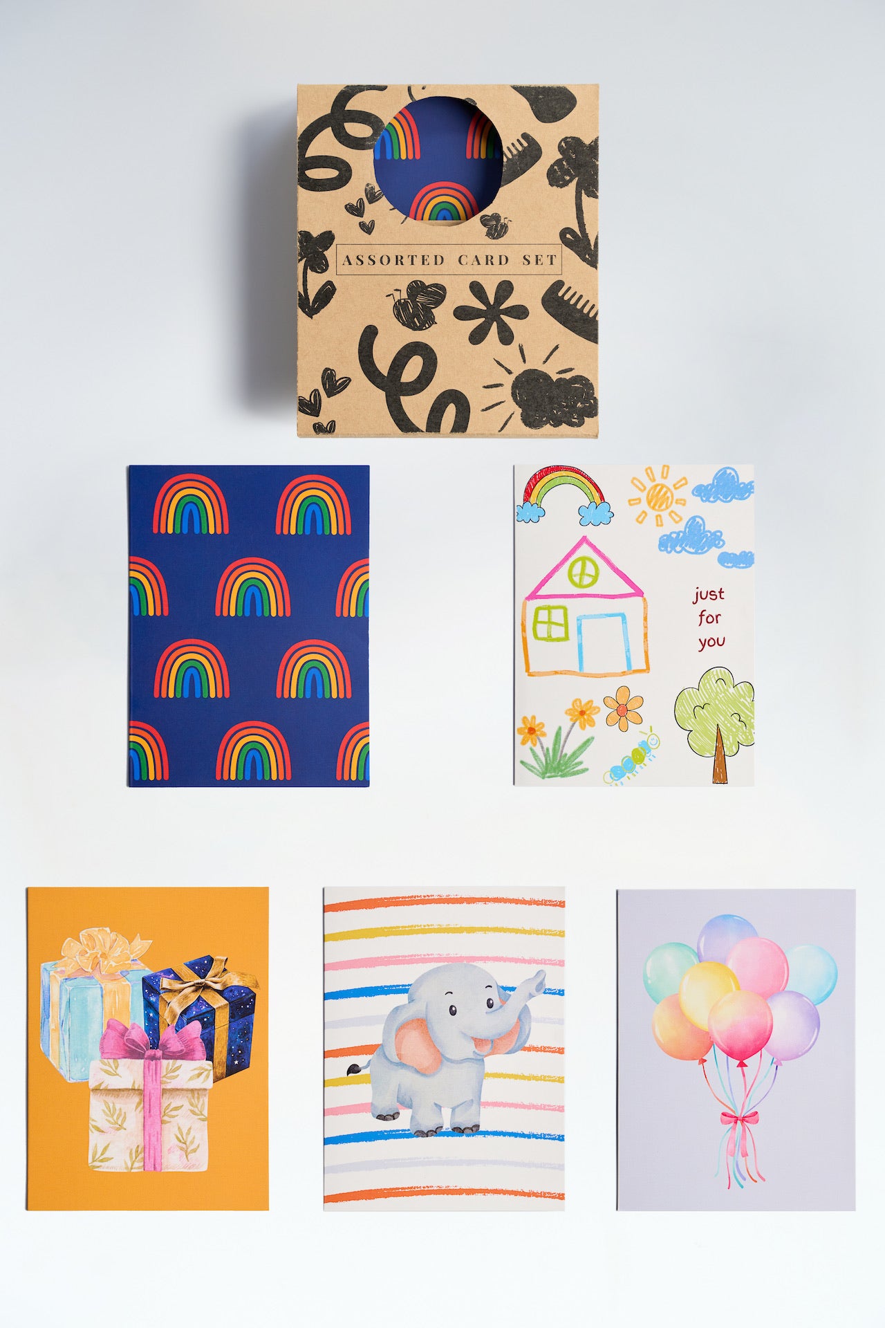 Collection of colorful greeting cards with various designs on a white background