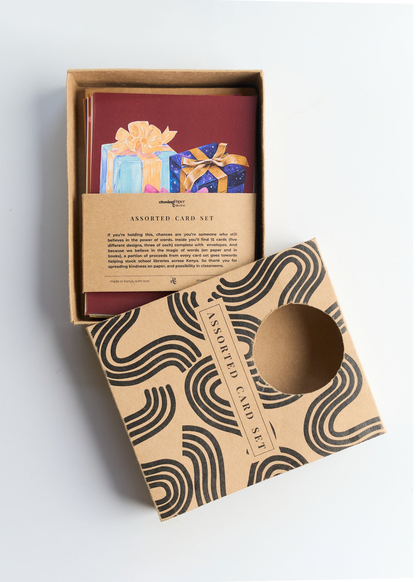 Card set with gift-themed cards in a decorative box packaging